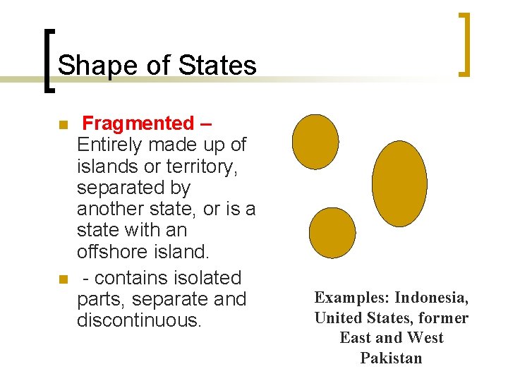 Shape of States n n Fragmented – Entirely made up of islands or territory,