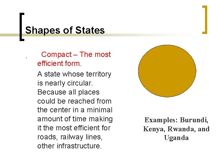 Shapes of States. Compact – The most efficient form. A state whose territory is