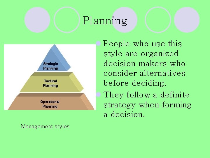 Planning l People who use this style are organized decision makers who consider alternatives Planning l People who use this style are organized decision makers who consider alternatives