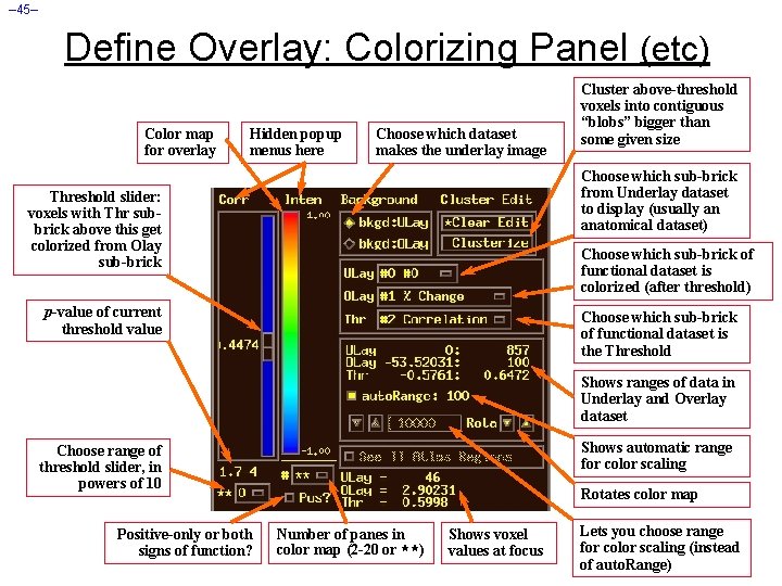 – 45– Define Overlay: Colorizing Panel (etc) Color map for overlay Hidden popup menus