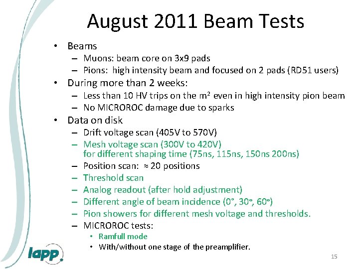 August 2011 Beam Tests • Beams – Muons: beam core on 3 x 9