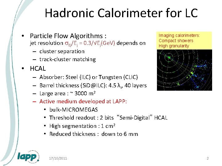 Hadronic Calorimeter for LC • Particle Flow Algorithms : jet resolution s. Ej/Ej =