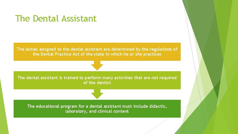 The Dental Assistant The duties assigned to the dental assistant are determined by the