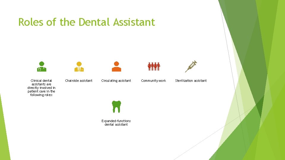 Roles of the Dental Assistant Clinical dental assistants are directly involved in patient care