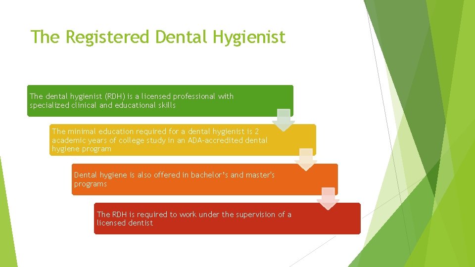 The Registered Dental Hygienist The dental hygienist (RDH) is a licensed professional with specialized
