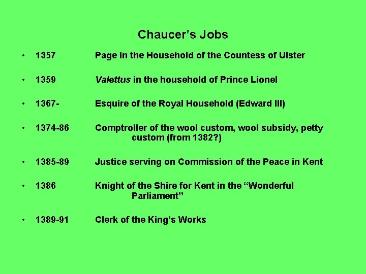 Chaucer’s Jobs • 1357 Page in the Household of the Countess of Ulster •