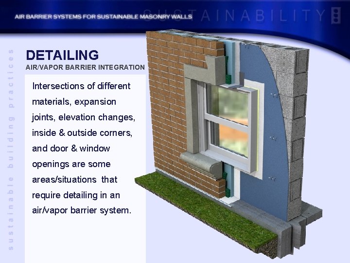 DETAILING AIR/VAPOR BARRIER INTEGRATION Intersections of different materials, expansion joints, elevation changes, inside &