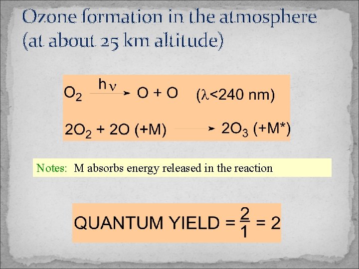 Ozone formation in the atmosphere (at about 25 km altitude) Notes: M absorbs energy