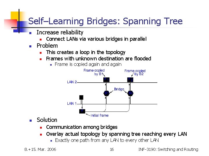 Self–Learning Bridges: Spanning Tree n Increase reliability n n Connect LANs via various bridges