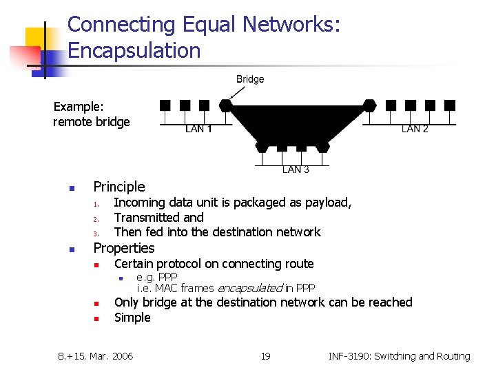 Connecting Equal Networks: Encapsulation Example: remote bridge n Principle 1. 2. 3. n Incoming