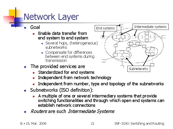 Network Layer n Goal n End systems Enable data transfer from end system to