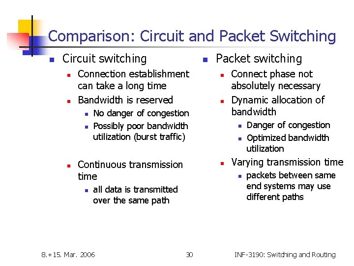 Comparison: Circuit and Packet Switching n Circuit switching n n Connection establishment can take