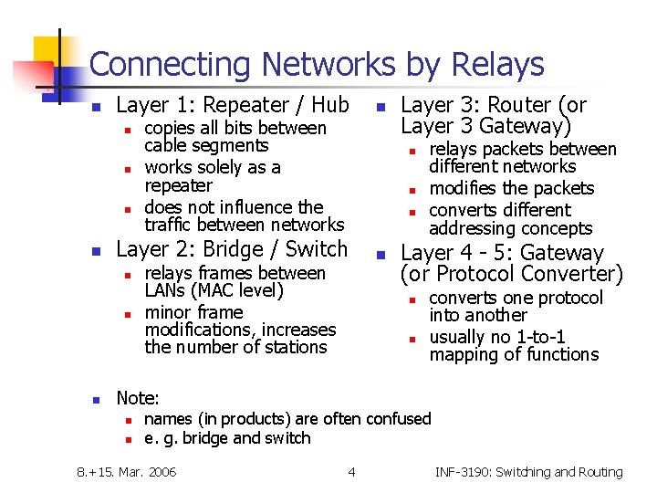 Connecting Networks by Relays n Layer 1: Repeater / Hub n n n copies