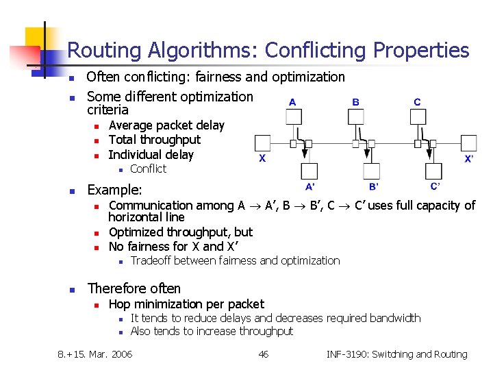 Routing Algorithms: Conflicting Properties n n Often conflicting: fairness and optimization Some different optimization
