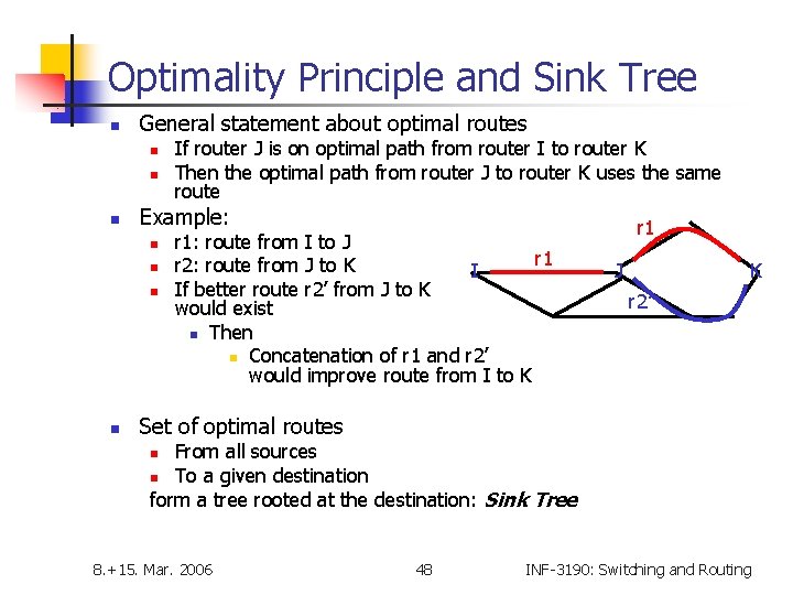 Optimality Principle and Sink Tree n General statement about optimal routes n n n