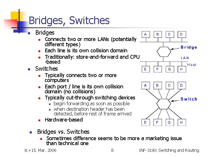 Bridges, Switches n Bridges n n Connects two or more LANs (potentially different types)