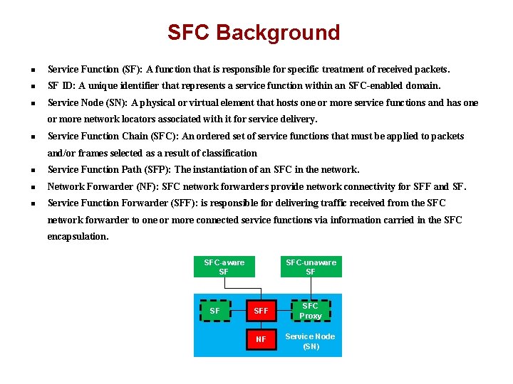 SFC Background n Service Function (SF): A function that is responsible for specific treatment