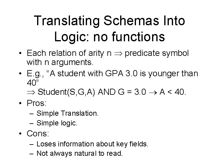 Translating Schemas Into Logic: no functions • Each relation of arity n predicate symbol