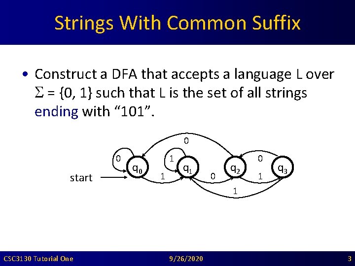 Strings With Common Suffix • Construct a DFA that accepts a language L over