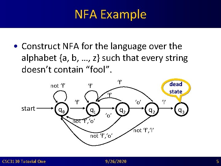 NFA Example • Construct NFA for the language over the alphabet {a, b, …,
