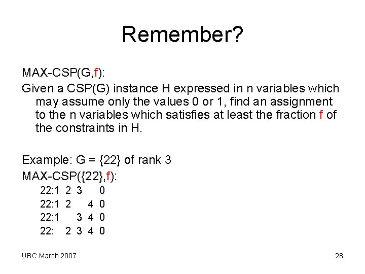 Remember? MAX-CSP(G, f): Given a CSP(G) instance H expressed in n variables which may Remember? MAX-CSP(G, f): Given a CSP(G) instance H expressed in n variables which may