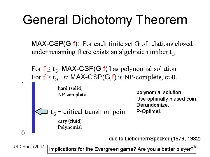 General Dichotomy Theorem MAX-CSP(G, f): For each finite set G of relations closed under General Dichotomy Theorem MAX-CSP(G, f): For each finite set G of relations closed under