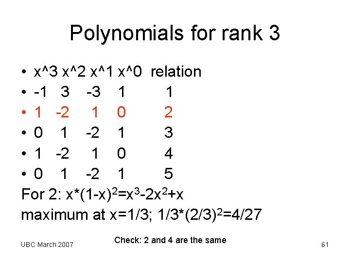 Polynomials for rank 3 • x^3 x^2 x^1 x^0 relation • -1 3 -3 Polynomials for rank 3 • x^3 x^2 x^1 x^0 relation • -1 3 -3