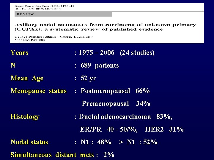 Years : 1975 – 2006 (24 studies) N : 689 patients Mean Age :