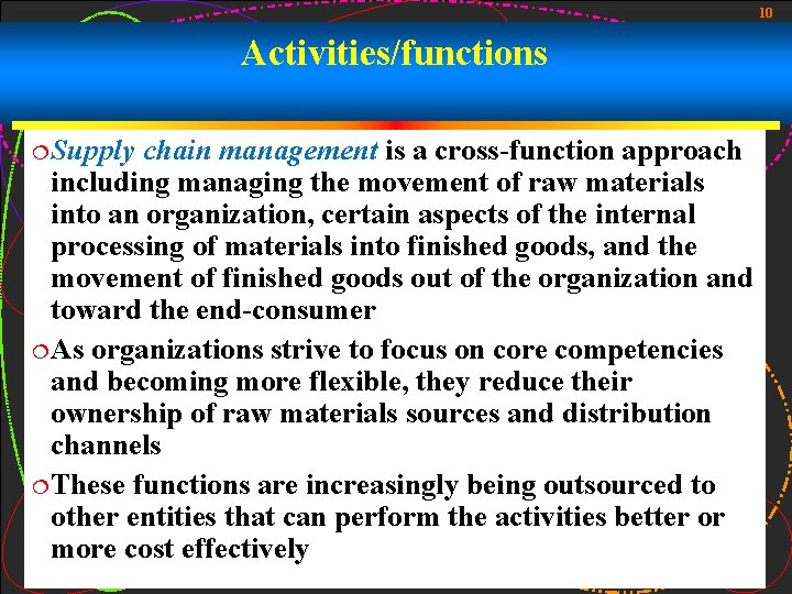 10 Activities/functions ¦ Supply chain management is a cross-function approach including managing the movement 10 Activities/functions ¦ Supply chain management is a cross-function approach including managing the movement