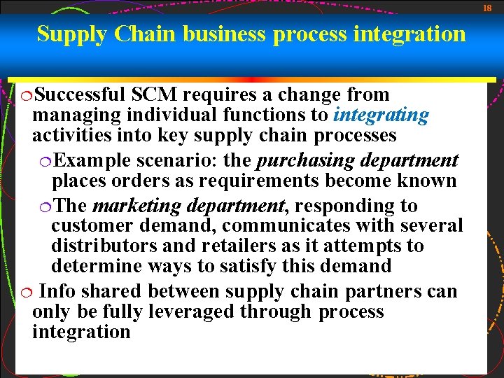 18 Supply Chain business process integration ¦Successful SCM requires a change from managing individual 18 Supply Chain business process integration ¦Successful SCM requires a change from managing individual