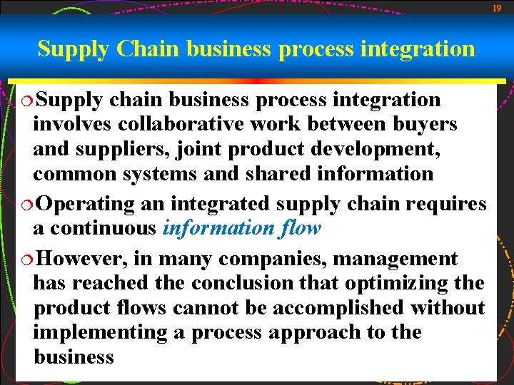 19 Supply Chain business process integration ¦Supply chain business process integration involves collaborative work 19 Supply Chain business process integration ¦Supply chain business process integration involves collaborative work