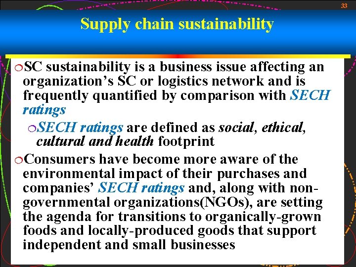 33 Supply chain sustainability ¦SC sustainability is a business issue affecting an organization’s SC 33 Supply chain sustainability ¦SC sustainability is a business issue affecting an organization’s SC