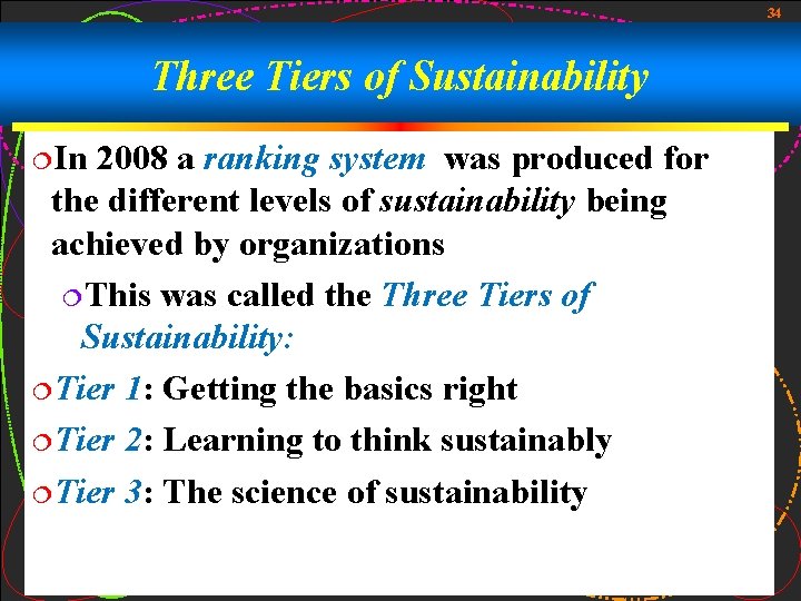 34 Three Tiers of Sustainability ¦In 2008 a ranking system was produced for the 34 Three Tiers of Sustainability ¦In 2008 a ranking system was produced for the