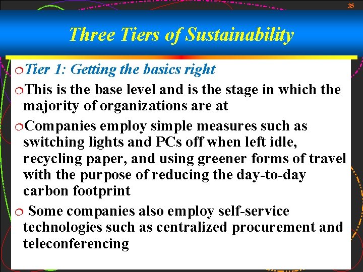 35 Three Tiers of Sustainability ¦Tier 1: Getting the basics right ¦This is the 35 Three Tiers of Sustainability ¦Tier 1: Getting the basics right ¦This is the