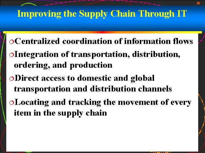 39 Improving the Supply Chain Through IT ¦Centralized coordination of information flows ¦Integration of 39 Improving the Supply Chain Through IT ¦Centralized coordination of information flows ¦Integration of