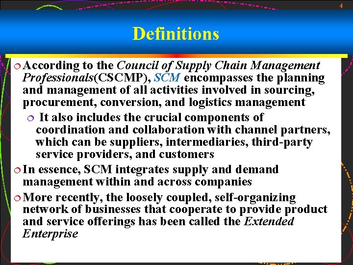 4 Definitions ¦ According to the Council of Supply Chain Management Professionals(CSCMP), SCM encompasses 4 Definitions ¦ According to the Council of Supply Chain Management Professionals(CSCMP), SCM encompasses