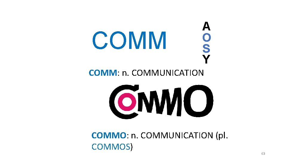 COMM A O S Y COMM: n. COMMUNICATION O COMMO: n. COMMUNICATION (pl. COMMOS) COMM A O S Y COMM: n. COMMUNICATION O COMMO: n. COMMUNICATION (pl. COMMOS)