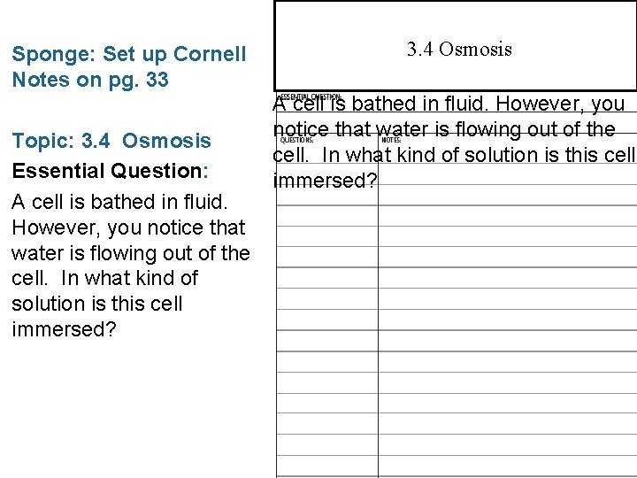3. 3 Cell Membrane Sponge: Set up Cornell Notes on pg. 33 Topic: 3.