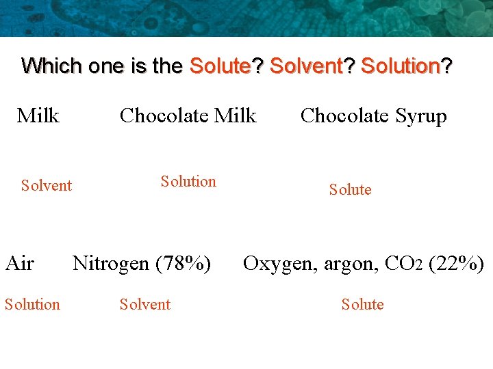 Which one is the Solute? Solvent? Solution? Milk Solvent Air Solution Chocolate Milk Solution