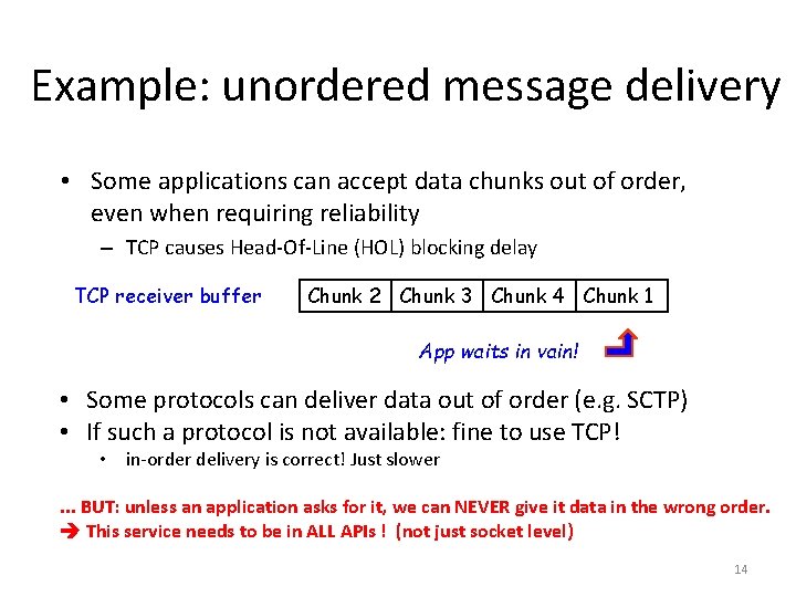 Example: unordered message delivery • Some applications can accept data chunks out of order,