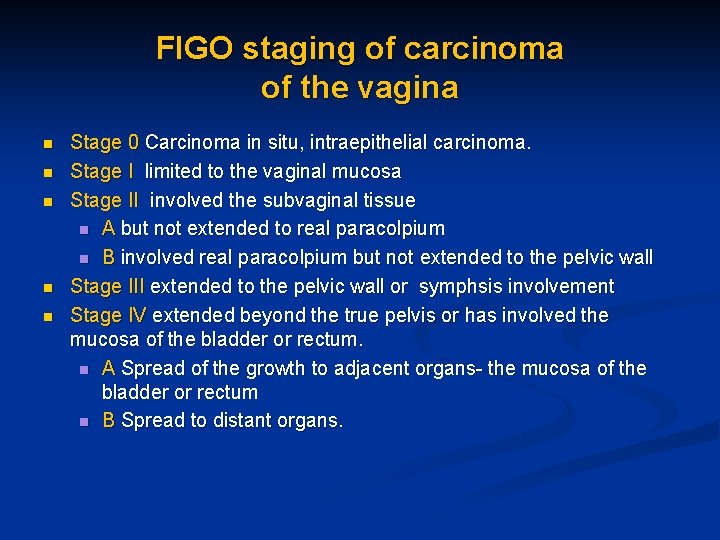 FIGO staging of carcinoma of the vagina n n n Stage 0 Carcinoma in