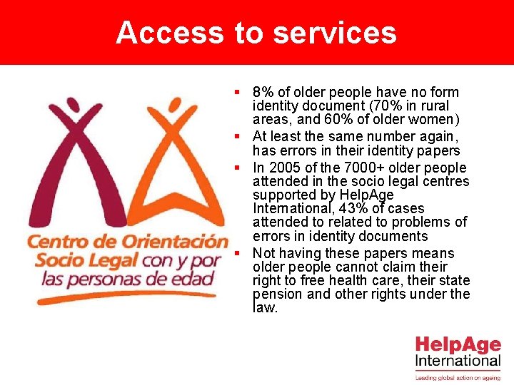 Access to services § 8% of older people have no form identity document (70%