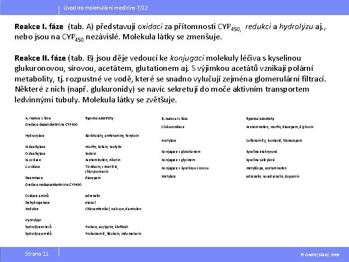 Úvod do molekulární medicíny 7/12 Reakce I. fáze (tab. A) představují oxidaci za přítomnosti