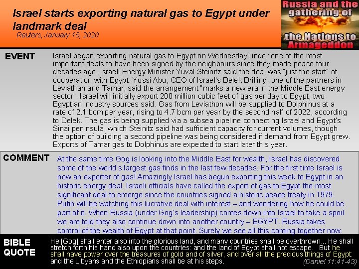 Israel starts exporting natural gas to Egypt under landmark deal Reuters, January 15, 2020