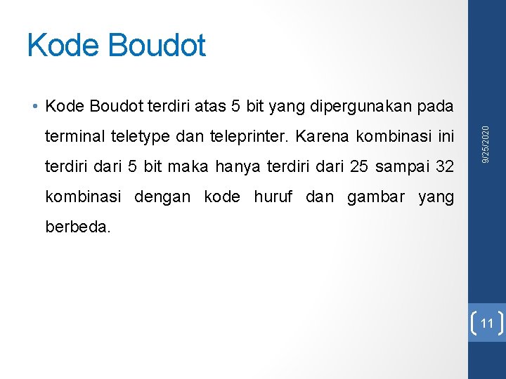 Kode Boudot terminal teletype dan teleprinter. Karena kombinasi ini terdiri dari 5 bit maka