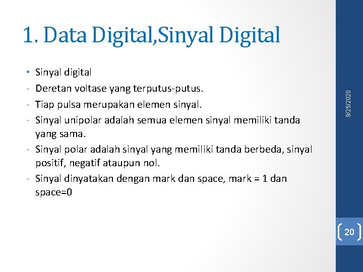 Sinyal digital Deretan voltase yang terputus-putus. Tiap pulsa merupakan elemen sinyal. Sinyal unipolar adalah