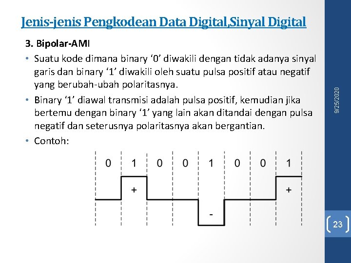 3. Bipolar-AMI • Suatu kode dimana binary ‘ 0’ diwakili dengan tidak adanya sinyal