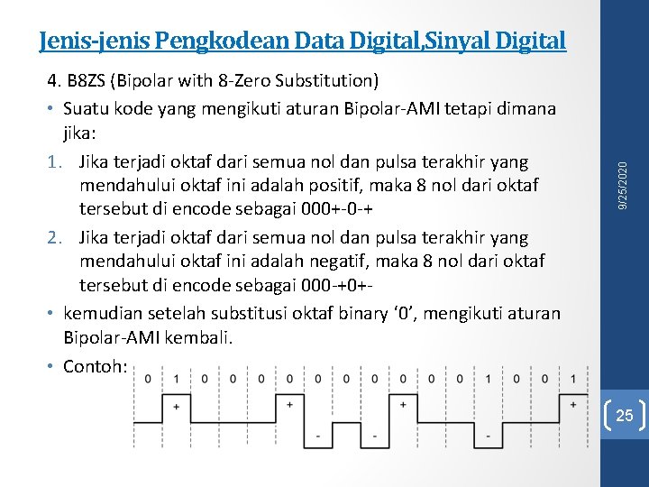 4. B 8 ZS (Bipolar with 8 -Zero Substitution) • Suatu kode yang mengikuti