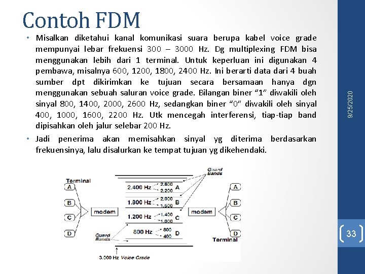  • Misalkan diketahui kanal komunikasi suara berupa kabel voice grade mempunyai lebar frekuensi