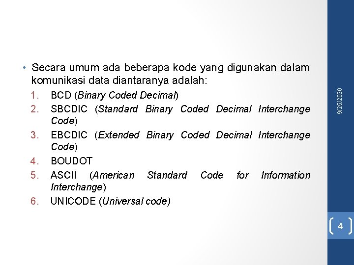 1. 2. 3. 4. 5. 6. BCD (Binary Coded Decimal) SBCDIC (Standard Binary Coded